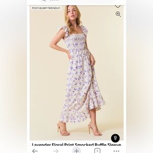 Lavender Floral Print Smocked Ruffle Sleeve Dress